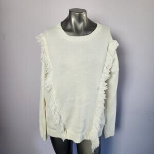 Trouvé Fringe Off-White Wool Blend Crew Neck Knit Sweater | Women's Large